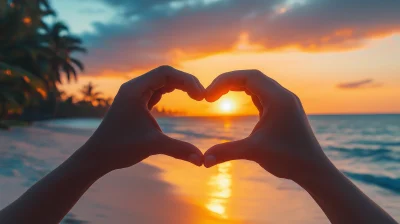 Heart Shape Hand Gesture at Sunset Beach