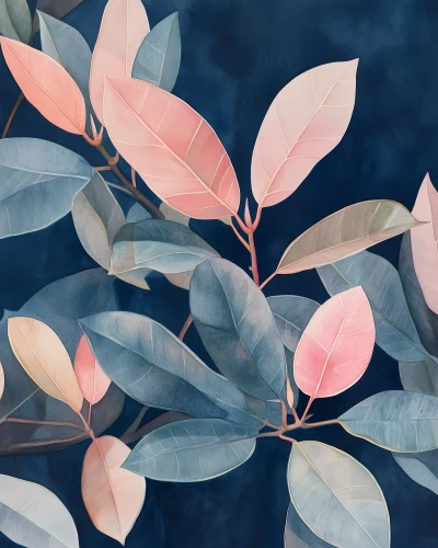 Botanical Watercolor of Rubber Tree Leaves