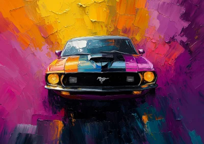 Vibrant Gouache Painting of a Black Ford Mustang 1969 Boss 429