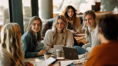 Group of students studying in campus cafeteria