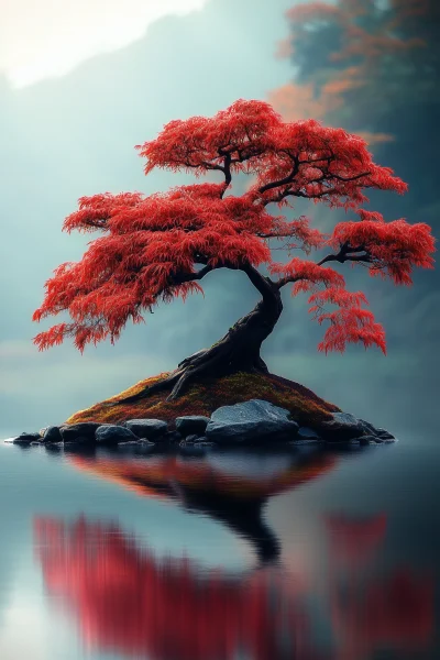 Red Bonsai on Small Hill Reflecting in River