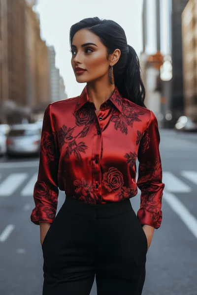 Stylish Red Satin Jacquard Shirt