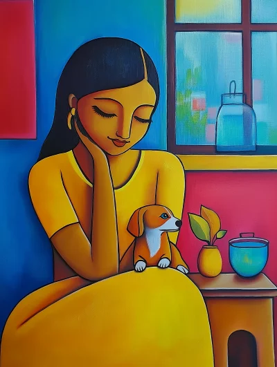 Indian Woman and Miniature Dachshund in Living Room