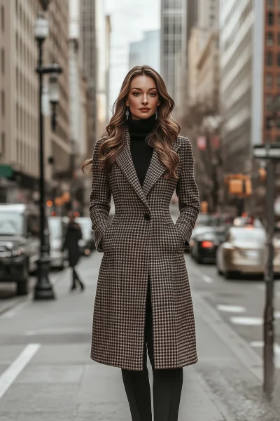 Woman in Chic Wool Coat with Houndstooth Pattern