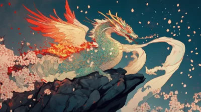 Dragon Perched on Cliff with Cherry Blossoms