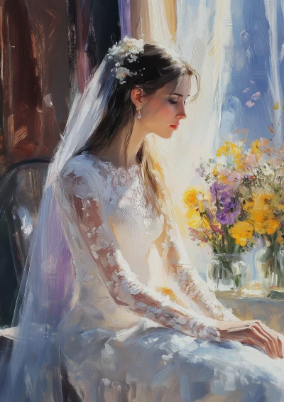 Bride in White Wedding Dress by the Window