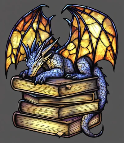 Dragon and Books Stained Glass Art