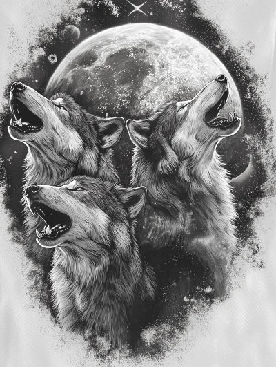 Howling Wolves at Full Moon