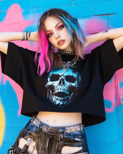 Colorful Hair Woman in Black T-shirt