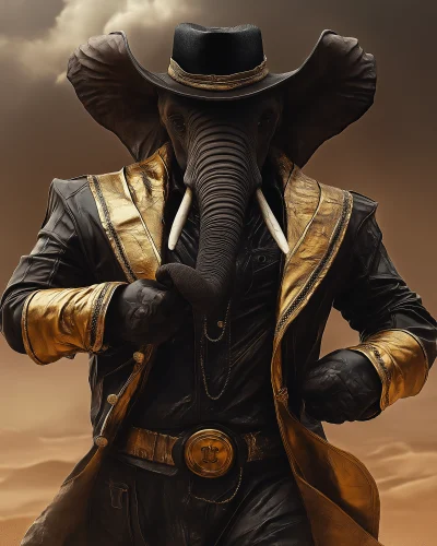 Anthropomorphic Elephant in Black and Gold Desert Themed Outfit