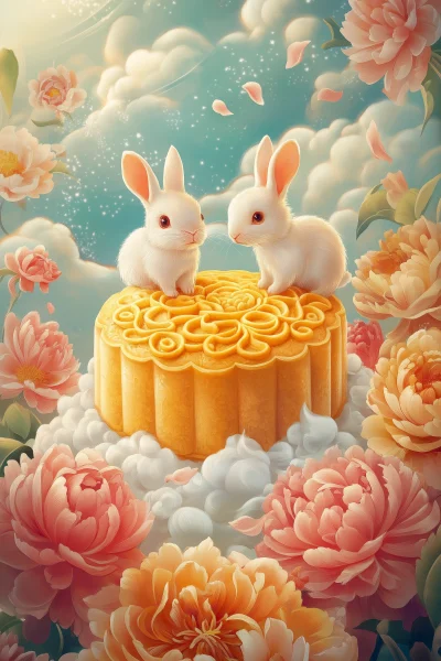 Mooncake and Mochi Cake Illustration with Bunnies