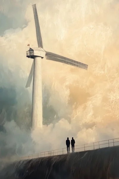 White Windmill on Dam with Silhouettes