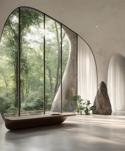 Minimalist Interior with Curved Walls and Large Windows