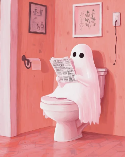 Whimsical Ghost Illustration on Toilet