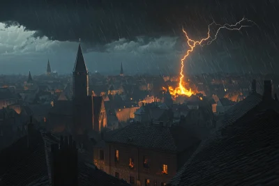 Medieval town rooftop struck by lightning