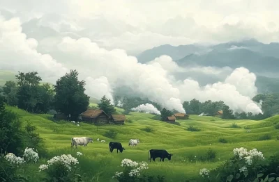 Green Grassland Landscape with Cows