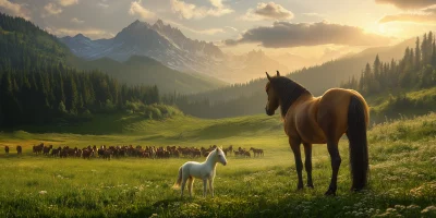 Horse and foal on meadow with mountains in background