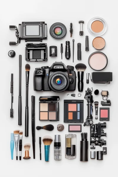 Flatlay of Cameras, Camera Equipment, and Makeup Products