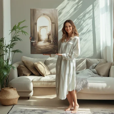 Happy Woman Holding Portrait in Cozy Living Room