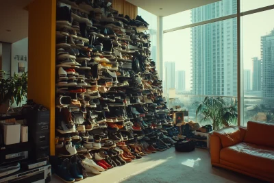 Mountain of Shoes in Modern Dubai Apartment