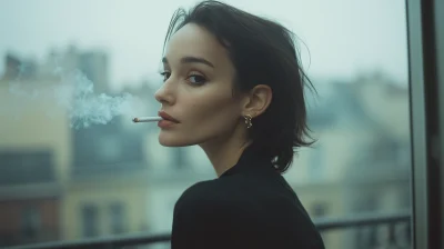 Mysterious Woman Smoking on Balcony