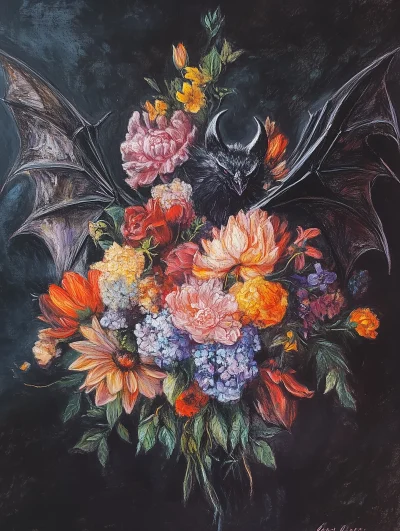 Oil Pastel Bouquet with Bat Wings