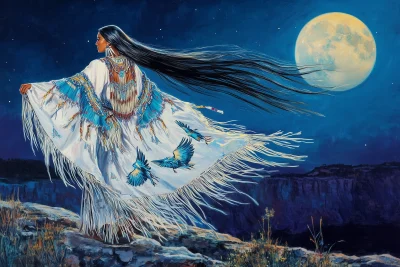 Indigenous Woman Dancing on Cliff