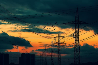 High Voltage Tower Silhouettes at Sunset