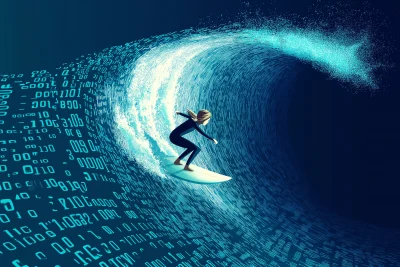 Surfer Girl Riding Data Wave