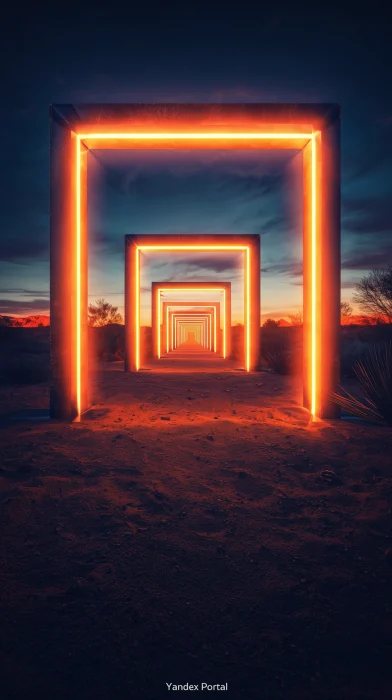 Glowing LED Rectangular Arches in Desert Landscape