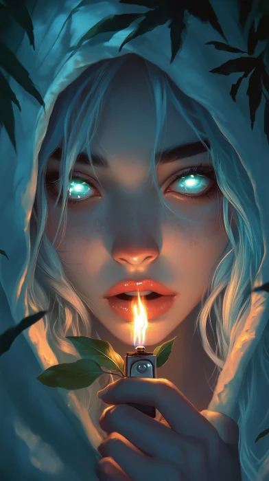 Girl with Light Blue Hair Holding a Leaf