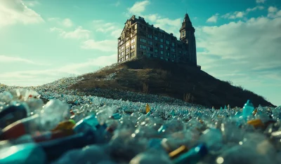 Plastic Bottles Heading Towards Tall Building