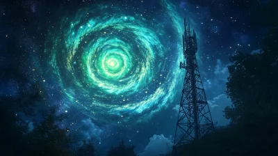 Telecom Tower Emitting Light Towards Spiral Galaxy