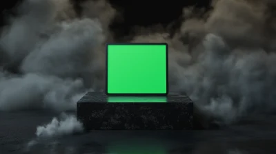 Black Square Podium with Tablet on Green Screen