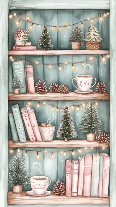 Pastel Christmas Bookcase Illustration