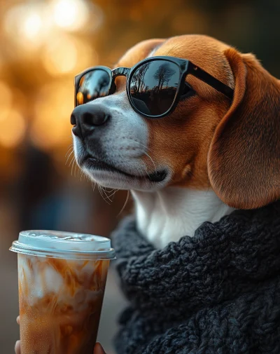 Cool Beagle with Iced Coffee