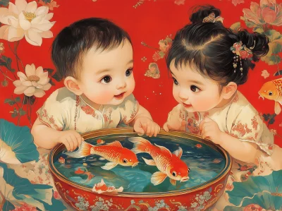 Chinese Painting of Two Babies with Goldfish