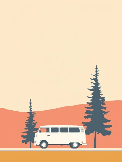 Minimalist Landscape with White Van and Pine Trees