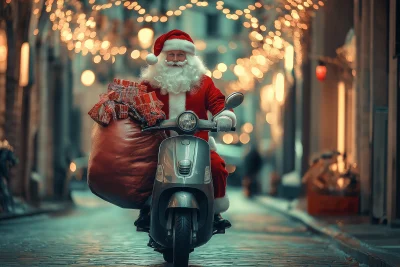 Santa Claus Riding Scooter with Gifts in the City