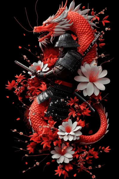 Japanese Composition with Samurai and Dragon