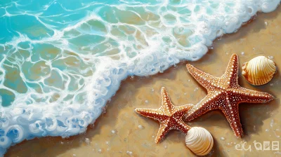 Starfish and Seashell on Summer Beach