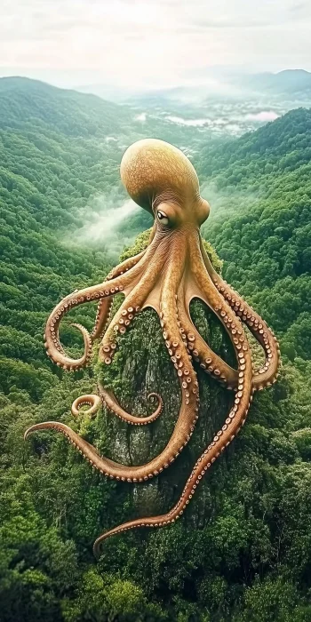 Gigantic Octopus Perched on Mountain Peak