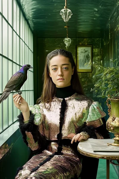 Woman in Greenhouse with Bird