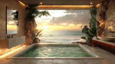 Bathroom by small pool beach sunset view