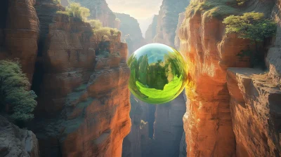 Giant Lime Green Ball Between Two Rock Pillars