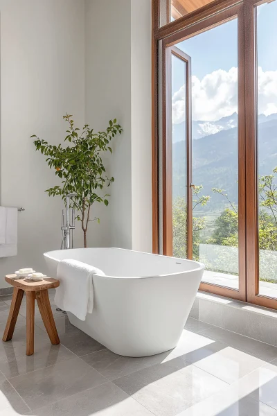 Modern Bathroom with White Bathtub and Himalayas View