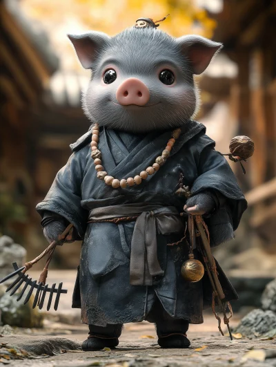 Anthropomorphic Gray Pig in Chinese Mythology Garb