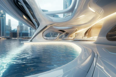 Futuristic Superyacht in a Future City