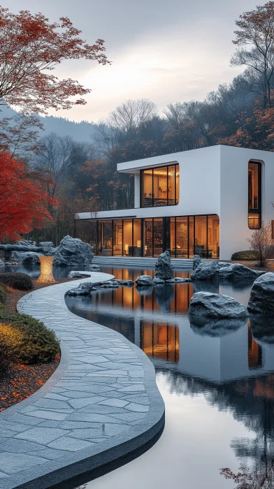 Modern Chinese Courtyard at Dusk