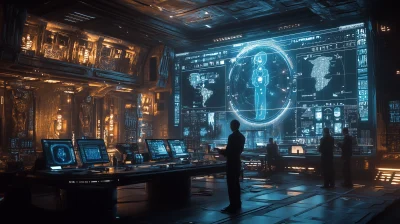 Futuristic Control Room with AI Interfaces and Egyptian Artifacts